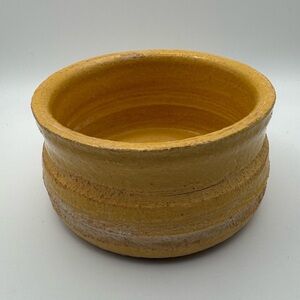 Rustic Hand Thrown Art Pottery Stoneware Bowl Yellow Wave Glaze Artist Signed